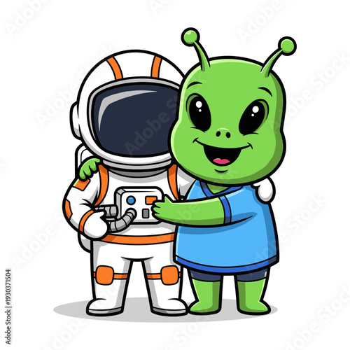 Green alien and astronaut in white spacesuit with orange accents happily embrace in a playful cartoon style friendship moment standing on a light gray background