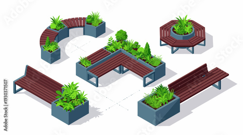 Isometric modern wooden park benches with integrated plant boxes on white background, concept for urban landscape planning, outdoor architectural visualization and public space design