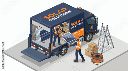 Isometric solar installation engineers unloading photovoltaic panels from a branded delivery truck, concept for renewable energy logistics, green power service and sustainable technology