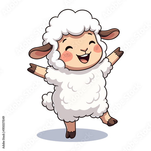 Cute cartoon sheep dancing joyfully with arms raised smiling face fluffy white wool and rosy cheeks isolated on a plain background