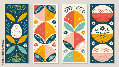 Vibrant mid century modern easter egg and floral designs on vertical banners with geometric patterns and sunburst motifs