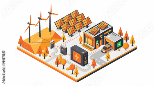 Isometric vector of a sustainable smart house with solar panels wind turbines and electric vehicle charging station, concept for renewable energy, eco lifestyle and green urban planning