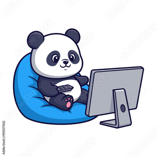 Cute panda bear sitting on blue bean bag chair using laptop computer with mouse in cozy environment