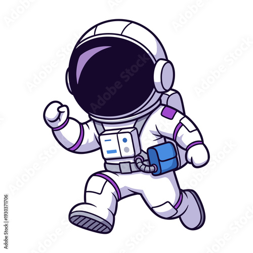 Excited astronaut in white spacesuit with purple accents running confidently wearing a reflective visor and utility belt in a space themed illustration
