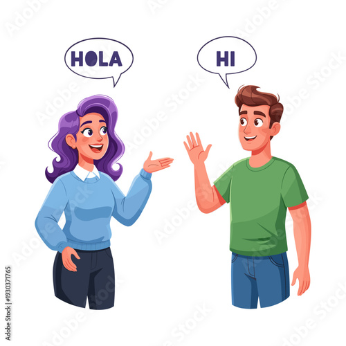 Friendly man and woman greeting each other with smiles waving hands and speech bubbles saying 'hola' and 'hi' in a bright cheerful cartoon style