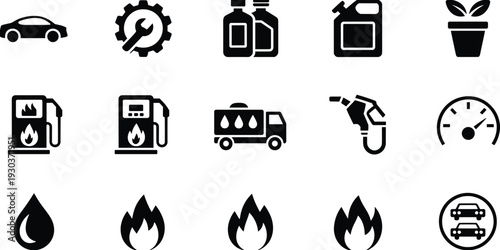 Fuel and automotive service icons set, gas station pump, oil container, car maintenance symbols, black vector illustration collection