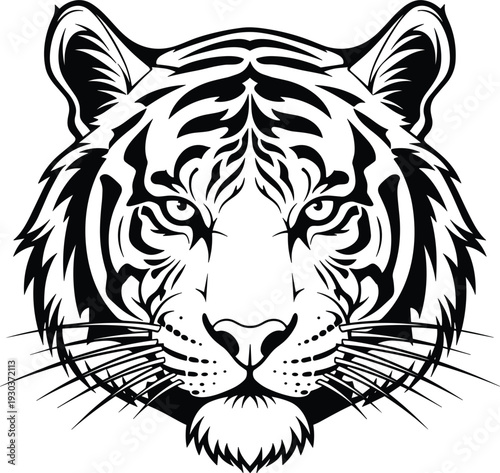 Intricate black and white tiger face illustration with bold symmetrical line art, detailed stripes and intense gaze for creative vector design projects