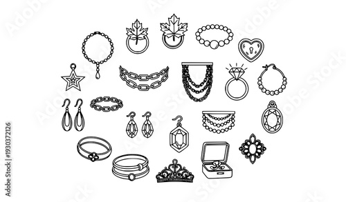 Monoline Jewelry and Fashion Vector Icons with Rings Necklaces Bracelets Locket and Luxury Ornaments