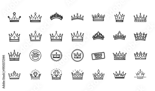 Minimal Royal Crown Line Art Vector Set with King Queen Premium Logo and Luxury Symbol Collection