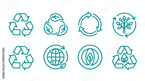 Teal thin line recycling icons set with arrows globe and organic leaf shapes isolated on white background, concept for environmental sustainability, green branding and eco packaging