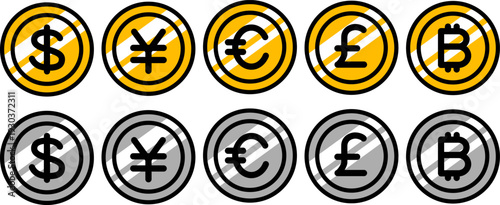 お金のコインのアイコン（円・ドル・ユーロ・ポンド・ビットコイン）, money icon (yen, dollar, euro, pound, bitcoin)
