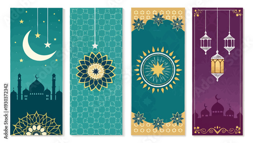 Ramadan kareem banners with mosque crescent moon lanterns and floral patterns in gold teal and purple hues