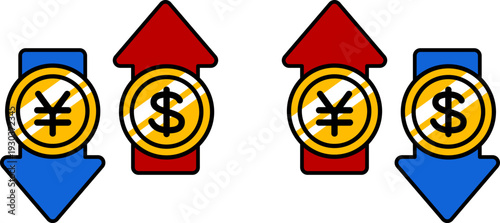 円安ドル高のアイコンと円高ドル安のアイコン（Weak yen/strong dollar icon and strong yen/weak dollar icon）
