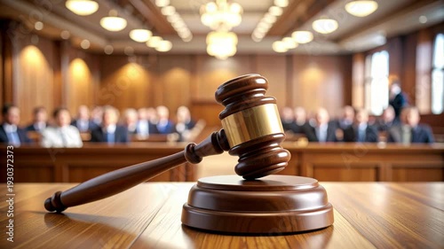 Wooden gavel and sound block on a judge desk in a formal courtroom with a blurred jury and audience in the background