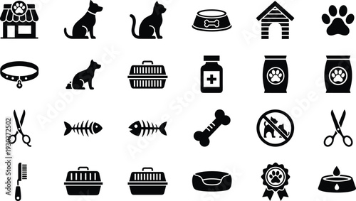 Flat vector illustration of pet care icons, dog, cat, paw print, pet food, grooming tools, veterinary supplies, animal design