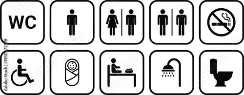 Flat vector illustration of public facility icons, restroom, accessibility, baby care, dining, shower, toilet, no smoking, service design