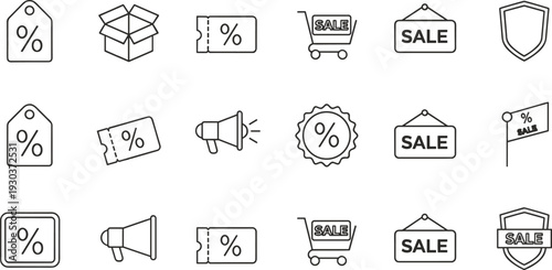 Flat vector illustration of sales discount icons, shopping cart, coupon, megaphone, percentage tag, promotion badge, retail marketing design