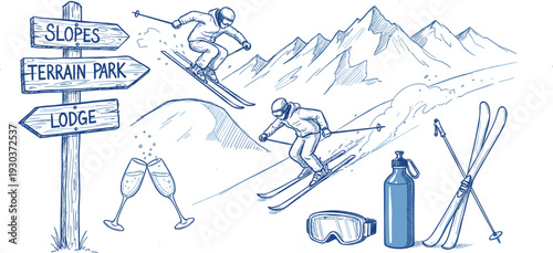 Flat vector illustration of skiing adventure scene, mountain slopes, skiers, ski gear, lodge sign, champagne glasses, winter sports design