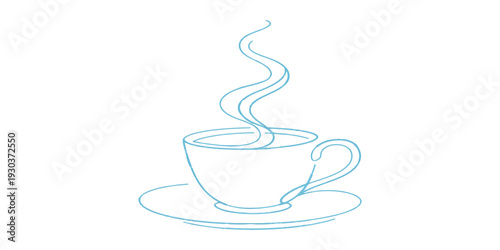 A steaming cup of hot coffee or tea sits in a ceramic mug on a saucer, featuring a brown espresso illustration with aromatic caffeine steam perfect for a morning cafe breakfast break