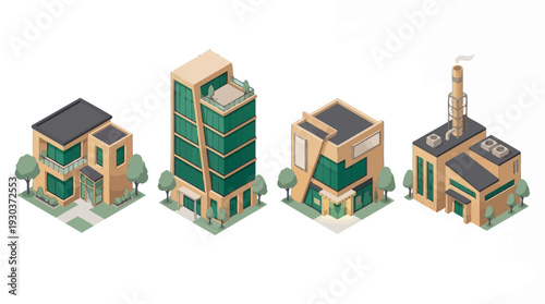 Isometric 3D architectural models of modern residence, glass office skyscraper, retail shop and industrial factory building, concept for urban planning, real estate and architecture