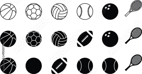 Flat vector illustration of sports equipment icons, basketball, soccer ball, volleyball, baseball, bowling ball, tennis racket, football design