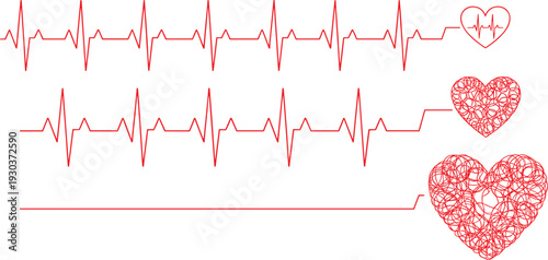 ECG heartbeat line with heart shapes, romantic electrocardiogram vector, love pulse design, medical heartbeat illustration, flat vector illustration