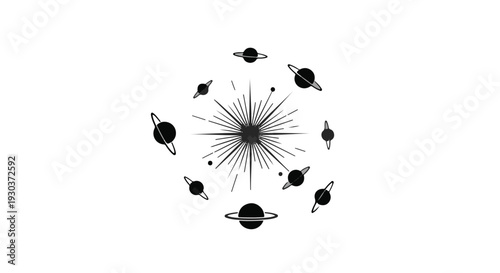 Abstract celestial arrangement of planets orbiting a radiant star.