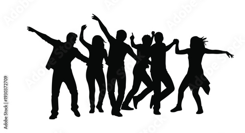 Silhouettes of joyful people dancing and celebrating together outdoors at night