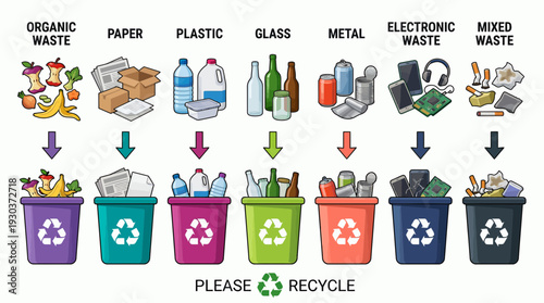 Illustration of various waste types being sorted into colorful recycling bins with labels on white background, concept for environmental education, waste management and sustainability