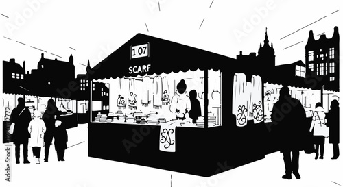 Festive outdoor market stall selling scarves on a bustling street