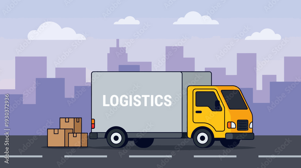Naklejka premium Yellow delivery truck with logistics text on side and cardboard boxes on road against city skyline, concept for freight transportation, global distribution and ecommerce shipment