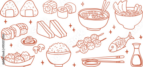 Hand drawn asian food a collection of different japanese meals and dishes