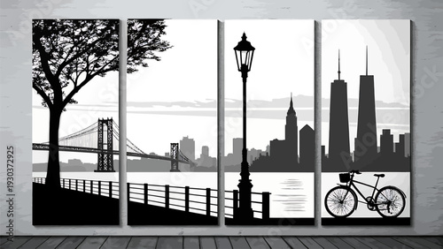 Cityscape silhouette with bicycle streetlamp and bridge by waterfront at dusk