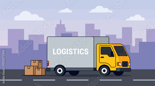 Yellow delivery truck with logistics text on side and cardboard boxes on road against city skyline, concept for freight transportation, global distribution and ecommerce shipment