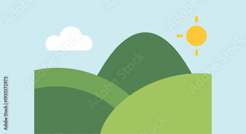 Simple graphic representation of a sunny day over rolling green hills with a single white cloud.
