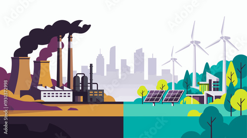 Flat illustration of industrial factory with smoke vs renewable wind turbines and solar panels, concept for environmental sustainability, climate change and energy transition