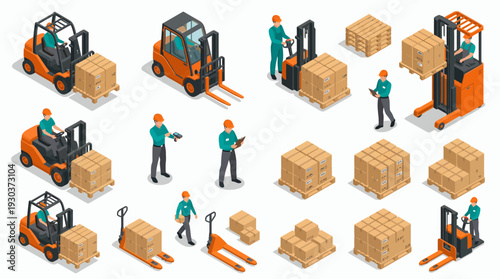 Professional warehouse logistics managers and forklift operators handling pallet boxes in an isometric flat set, concept for supply chain management, industrial inventory and distribution