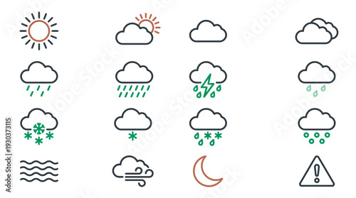 Weather minimalist line icon set showing various climate conditions like sun clouds rain and snow, concept for mobile application, meteorology forecast and user interface design