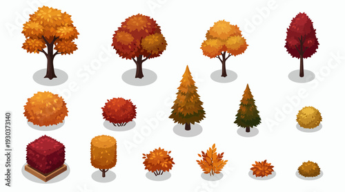 Isometric set of various autumn trees and bushes with orange and red foliage isolated on white background, concept for game environment design, landscape map planning and fall season illustration