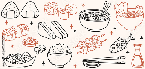 Hand drawn asian food a collection of different japanese meals and dishes