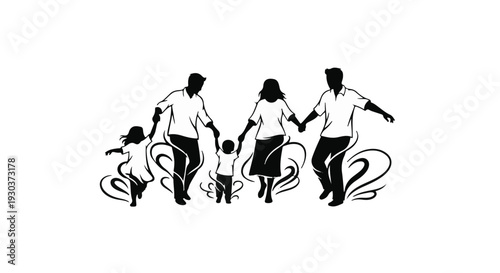 Joyful family holding hands and running together with decorative swirls, symbolizing unity and happiness.