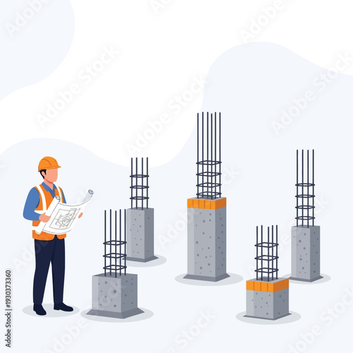 Construction worker examining blueprints near concrete pillars with steel reinforcement bars, representing building and engineering projects