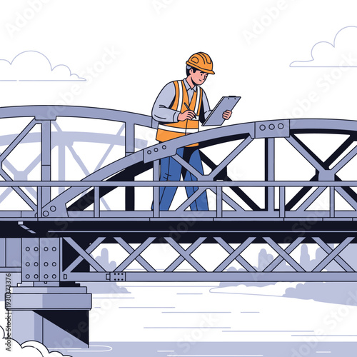 Focused engineer diligently inspects a large bridge structure, meticulously documenting findings on a clipboard to ensure safety and maintain critical infrastructure integrity