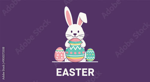 Cute white cartoon bunny mascot holding a large decorated egg with two smaller eggs beside it for Easter celebration