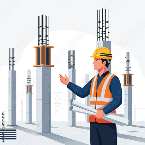 Construction engineer overseeing building project with blueprints in hand, standing among concrete pillars and steel rebar, illustrating site supervision and planning for infrastructure development