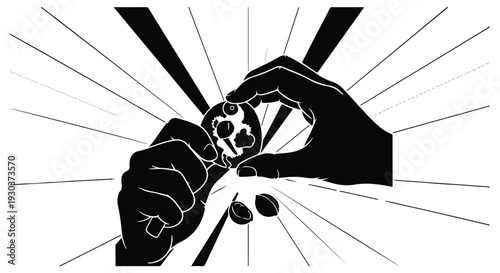 Hands carefully inspect a small, intricate object, revealing a burst of light and falling seeds.