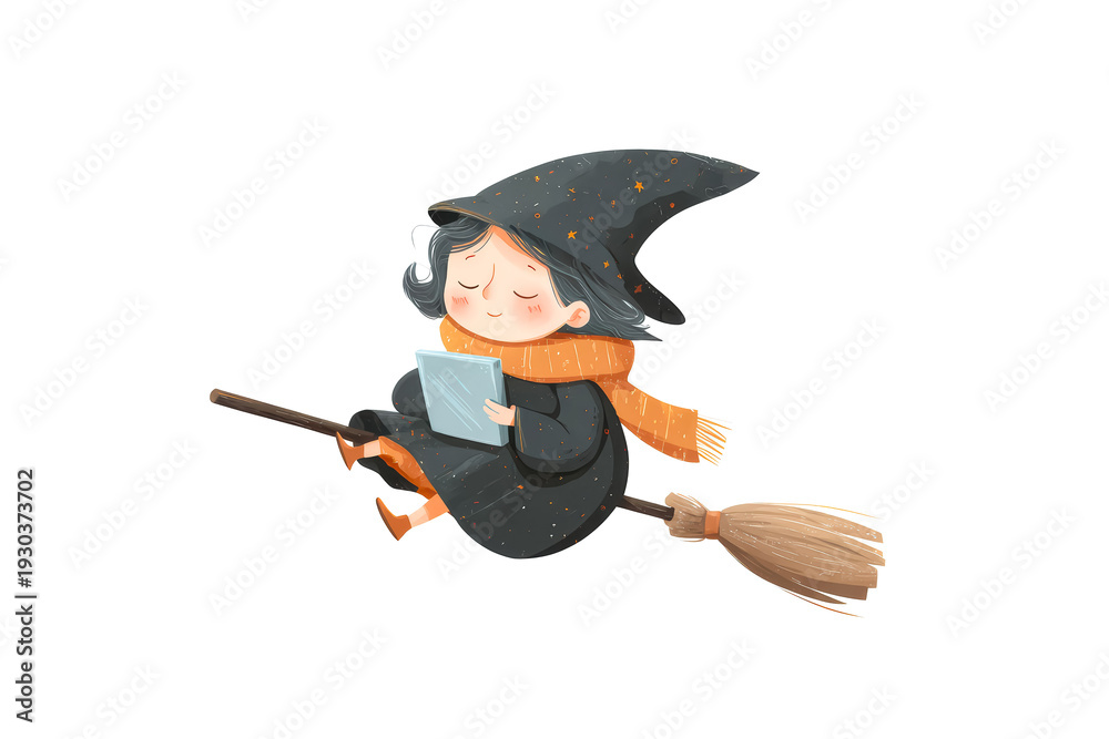 Obraz premium Sweet cartoon witch with a focus on her oversized pointed hat and broom, drawn in a minimal and friendly style.