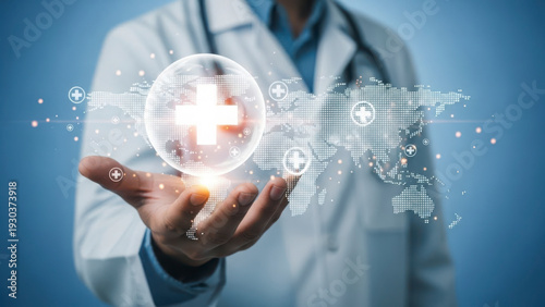 Doctor presenting global healthcare concept with glowing medical cross