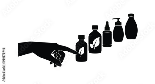 Hand selecting natural skincare product from a lineup of organic bottles