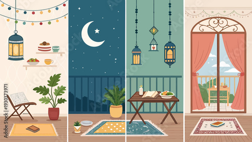 Ramadan kareem decorations with lanterns crescent moon and traditional food on a balcony at night